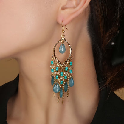Hollow Teardrop Natural Stone Chain Design Dangle Earrings Alloy Jewelry Exquisite Female Gift Tourism Souvenir NovaCart