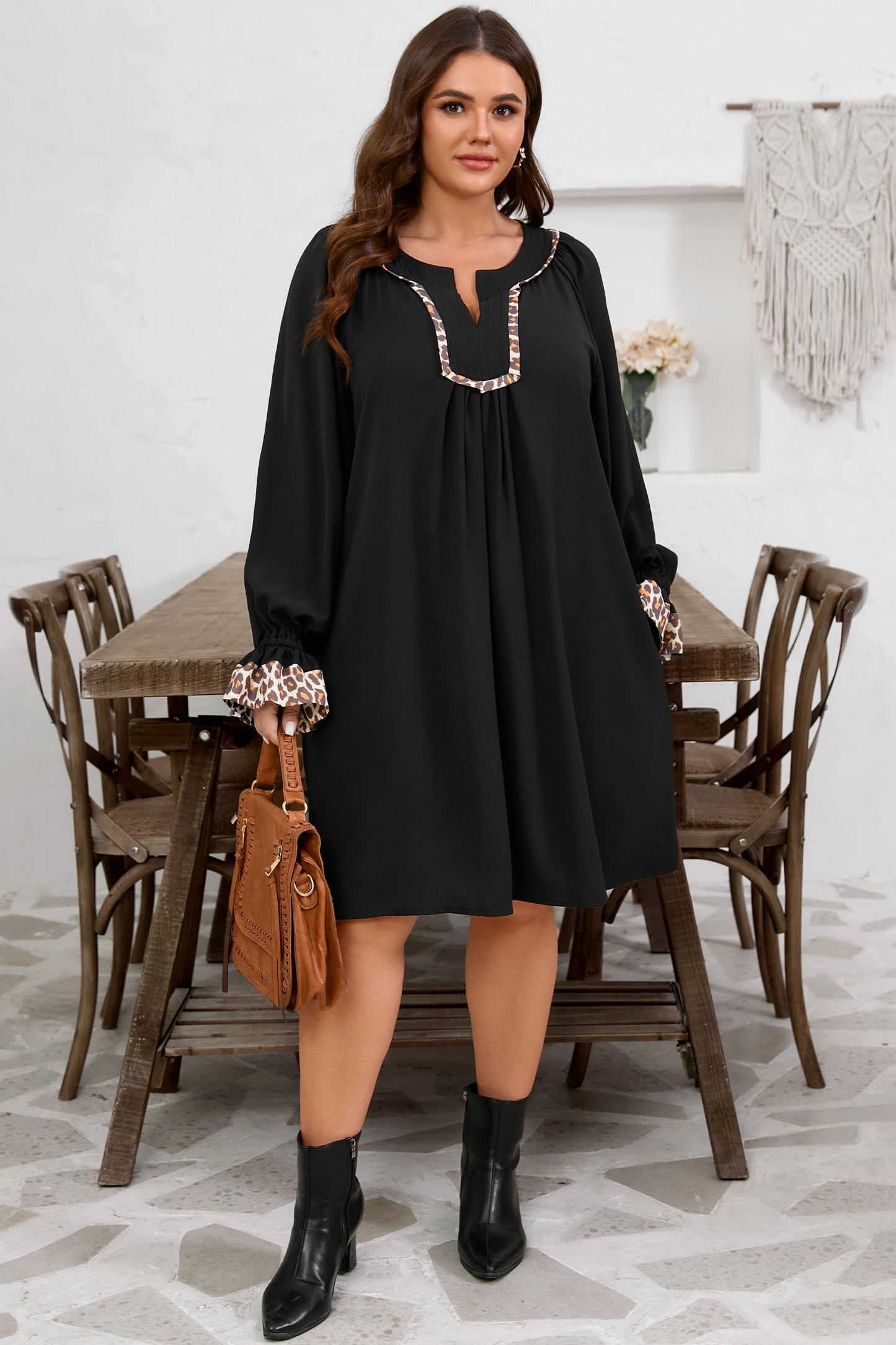 Black Plus Size Notched Neck Leopard Trim Flounce Long Sleeve Shift Dress Garden Naked Curves