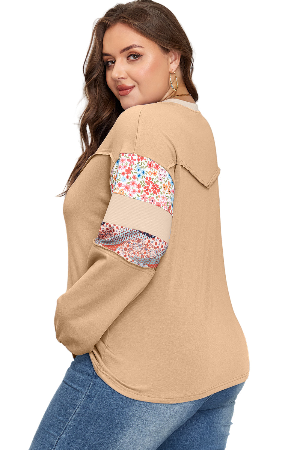 Khaki Exposed Seam Floral Mixed Patchwork Relaxed Plus Size Top Garden Naked Curves