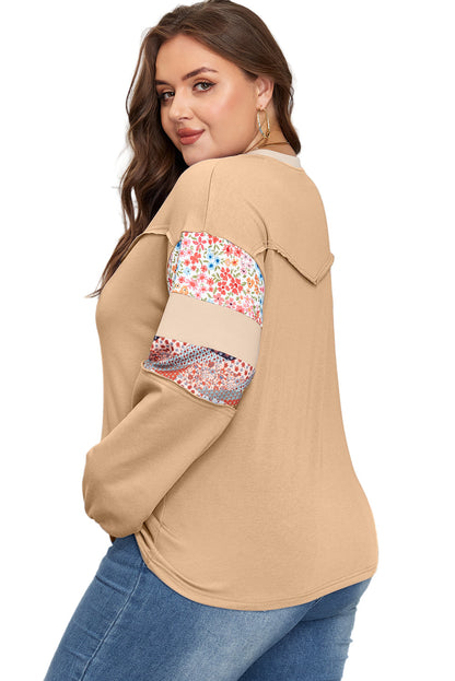 Khaki Exposed Seam Floral Mixed Patchwork Relaxed Plus Size Top Garden Naked Curves