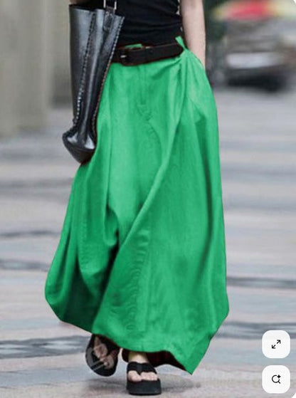 Women's High-Waist Flared Maxi Skirt – Solid Color Cotton Linen with Pockets FitiqueFit