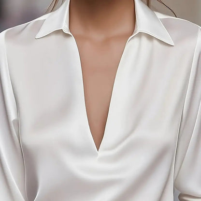 Elegant Women's V-Neck Long Sleeve Blouse With Satin Sheen Formal Shirt FitiqueFit