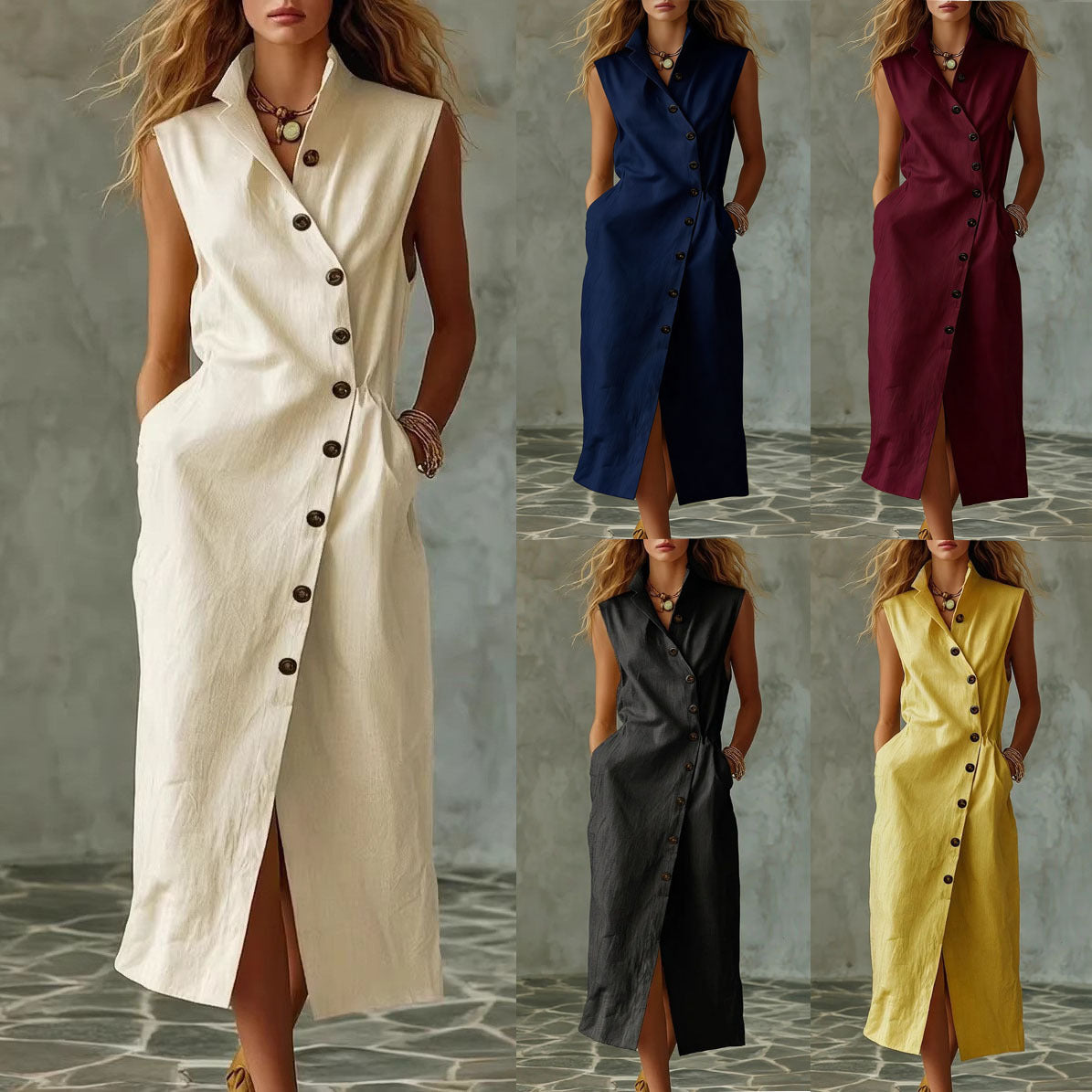 Women's Slim-Fit Sleeveless Stand Collar Pleated Midi Dress FitiqueFit