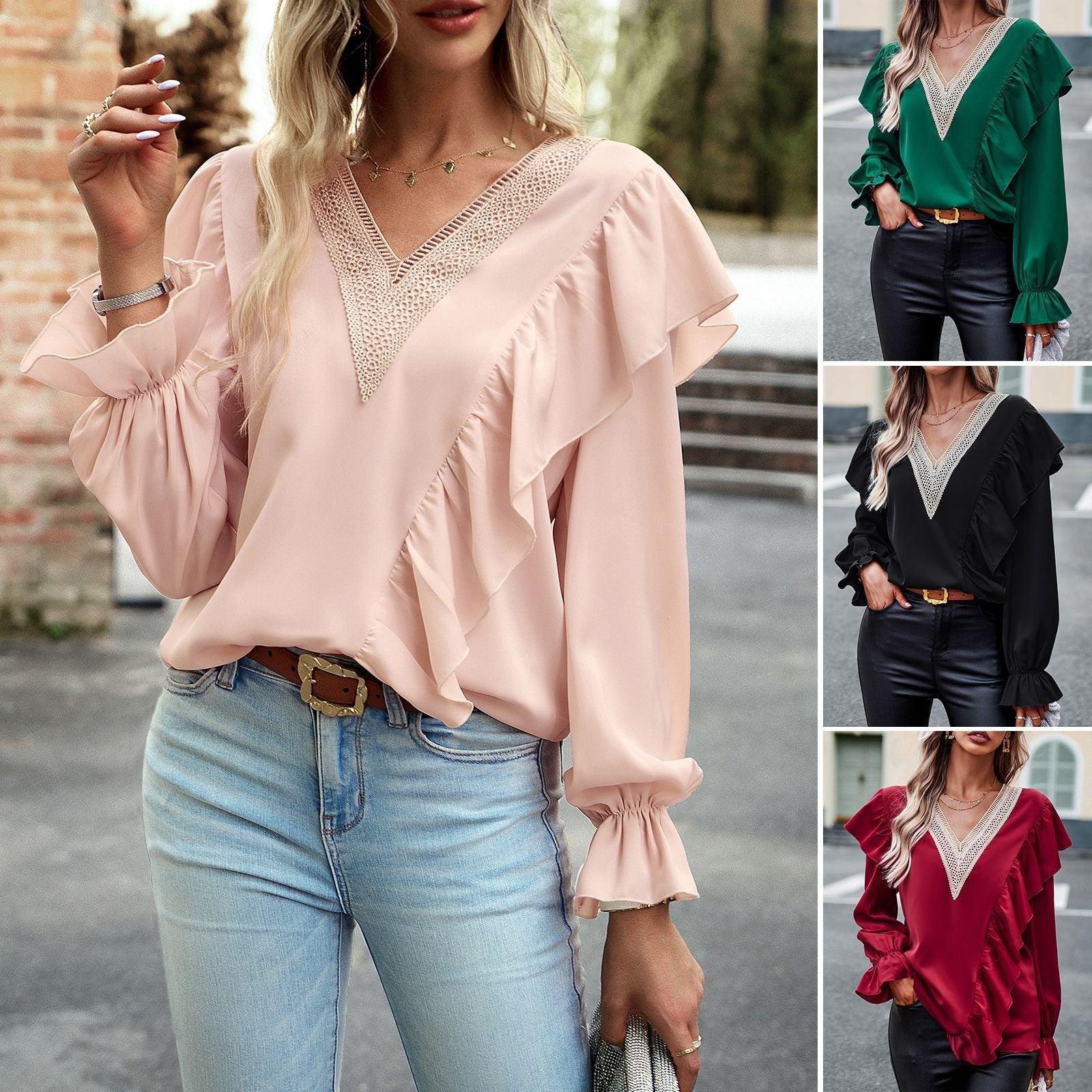 Demure Commuter V-Neck Long Sleeve Shirt Country in My Heart