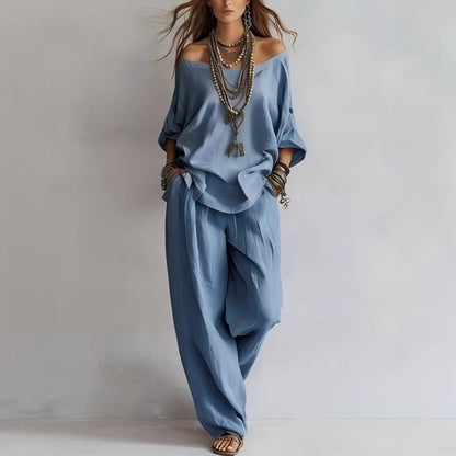 Chiffon Puff-Sleeve Top & Wide-Leg Pants Set – 15 Colors FitiqueFit