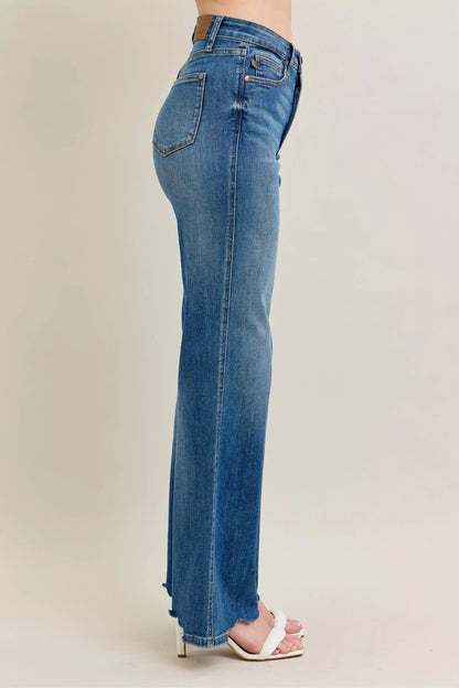 Judy Blue Full Size High Waist Tummy Control Chew Hem Destroy Wide Jeans Plus Size Garden Naked Curves