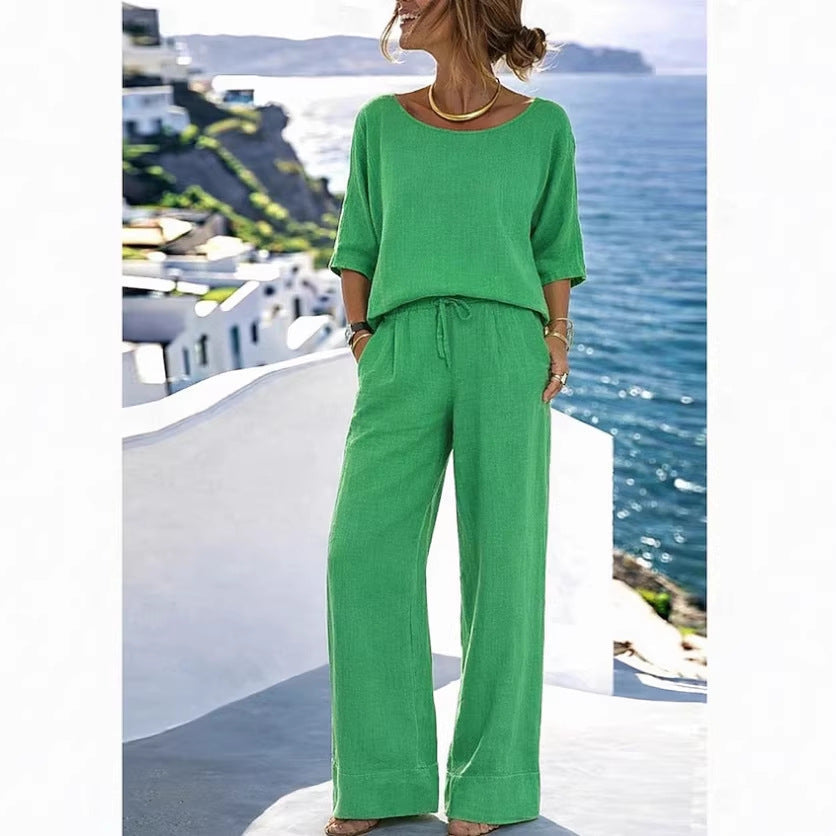 Women's Cotton Linen Resort Set – Short Sleeve Top & Wide-Leg Pants FitiqueFit