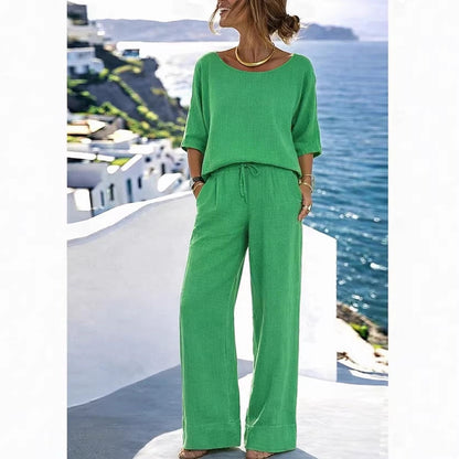 Women's Cotton Linen Resort Set – Short Sleeve Top & Wide-Leg Pants FitiqueFit
