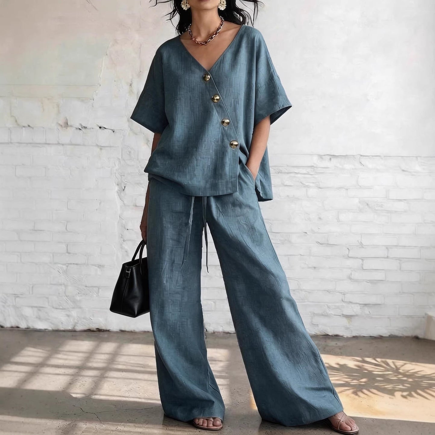 Women's Loose Cotton-Linen V-Neck Top & Wide-Leg Pants Set FitiqueFit