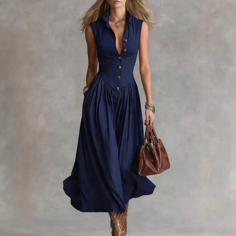 Women's Sleeveless Lapel Collar Maxi Dress – Slim Fit Patchwork FitiqueFit