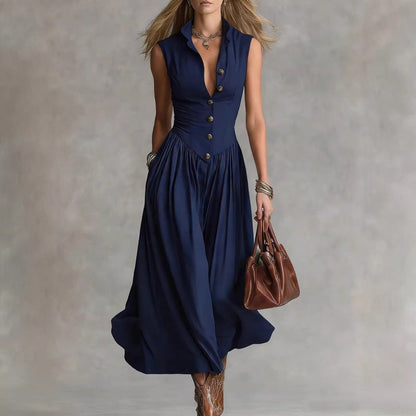 Women's Sleeveless Lapel Collar Maxi Dress – Slim Fit Patchwork FitiqueFit