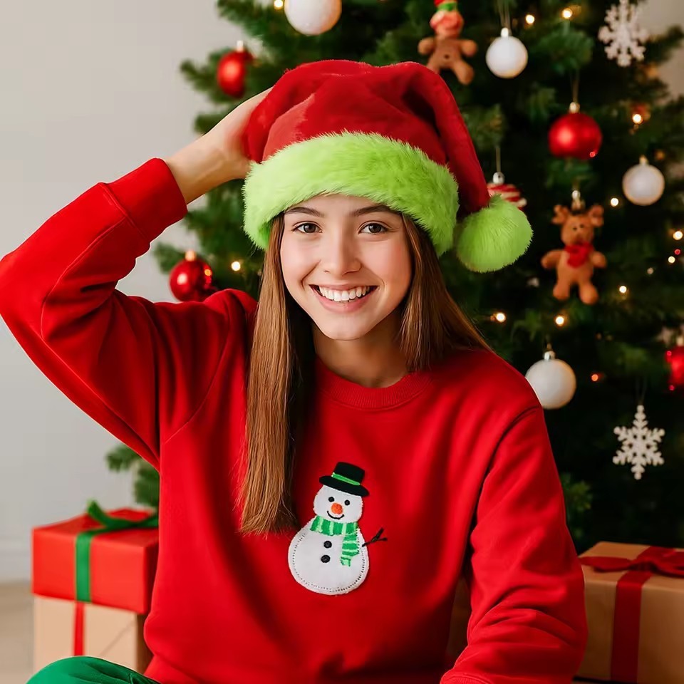Fluorescent Green Decorative Red Suede Double Layer Christmas Hat FitiqueFit