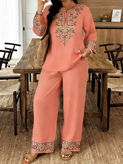Women’s Ethnic Two Piece Set with Long Sleeve Shirt and Cropped Pants FitiqueFit