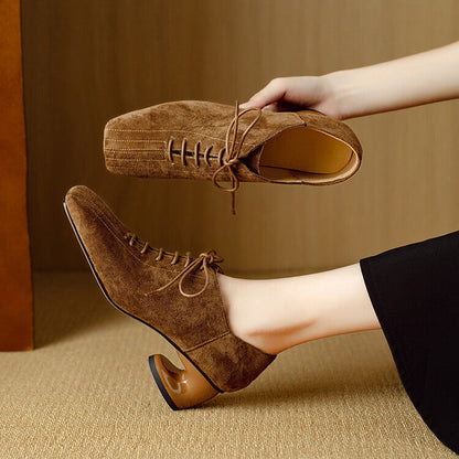 Women's Retro Sheepskin Square Toe Chunky Heel Pumps – Lace-Up Mid Heel FitiqueFit