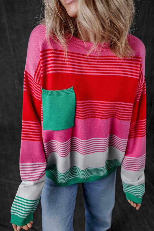 Striped Knit Patch Pocket Drop Shoulder Sweater Shop Style & More | Fresh Looks, Everyday Deals & Free Shipping