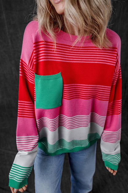 Striped Knit Patch Pocket Drop Shoulder Sweater Shop Style & More | Fresh Looks, Everyday Deals & Free Shipping
