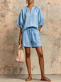 Women's Bubble-Sleeve Top & Drawstring Shorts Set FitiqueFit