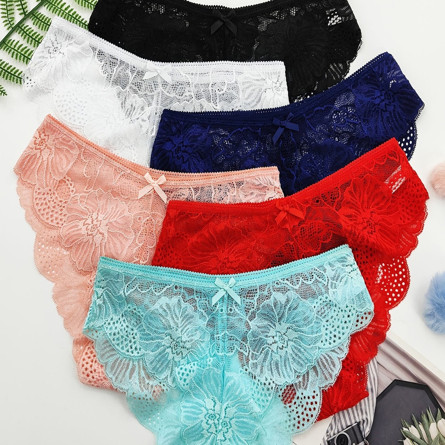 6pcs Jacquard Lace Bow Hipster Bikini Panties, Comfortable & Breathable Low Waist Briefs, Women's Lingerie & Underwear NovaCart