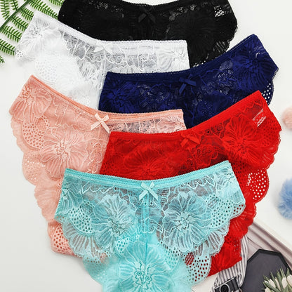 6pcs Jacquard Lace Bow Hipster Bikini Panties, Comfortable & Breathable Low Waist Briefs, Women's Lingerie & Underwear NovaCart