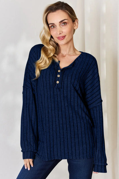 Basic Bae Full Size Ribbed Half Button Long Sleeve T-Shirt New Era Fashion LLc