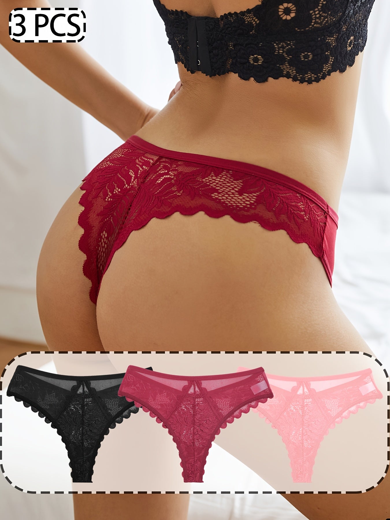 3pcs Women's Lace Thong Set, Sexy Semi-Sheer Panties NovaCart