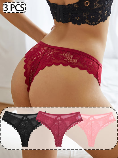 3pcs Women's Lace Thong Set, Sexy Semi-Sheer Panties NovaCart
