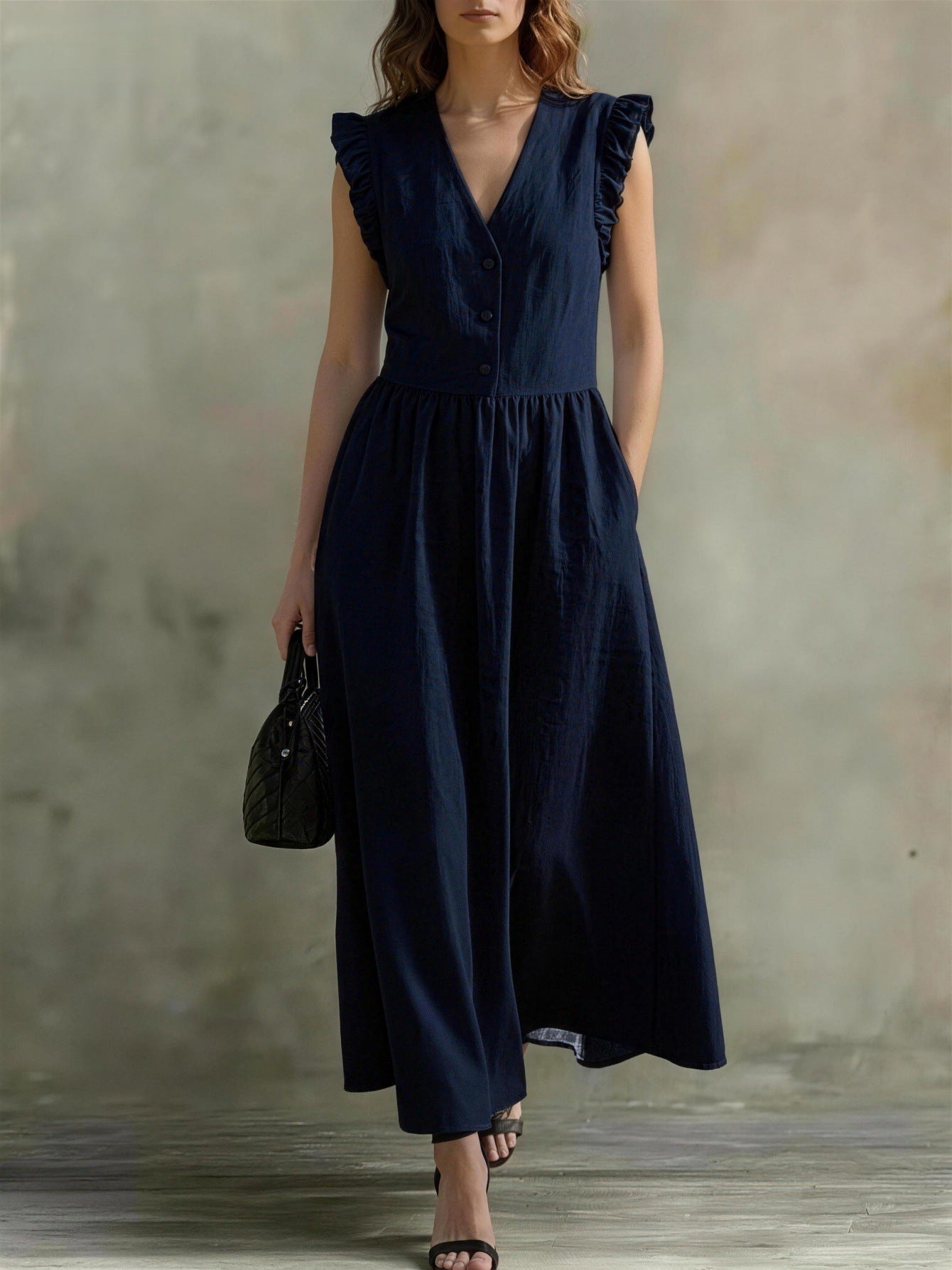 V-Neck Puff-Sleeve Dress with Pockets – Cotton Linen, 7 Colors FitiqueFit