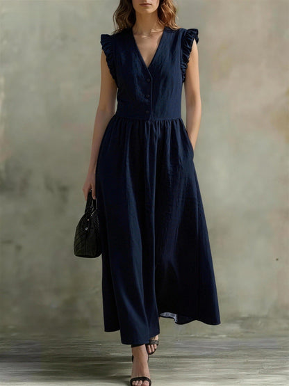 V-Neck Puff-Sleeve Dress with Pockets – Cotton Linen, 7 Colors FitiqueFit