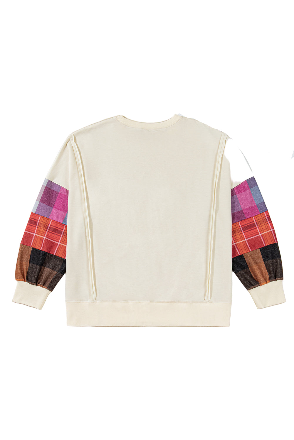 Beige Plus Size Plaid Patchwork Sleeve Pullover Top Garden Naked Curves
