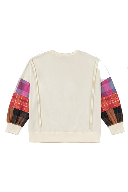 Beige Plus Size Plaid Patchwork Sleeve Pullover Top Garden Naked Curves
