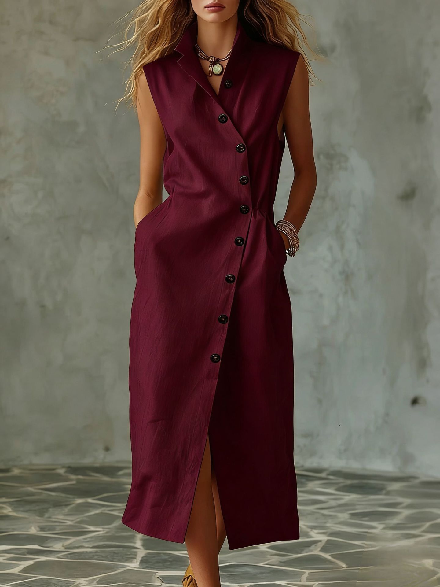 Women's Slim-Fit Sleeveless Stand Collar Pleated Midi Dress FitiqueFit
