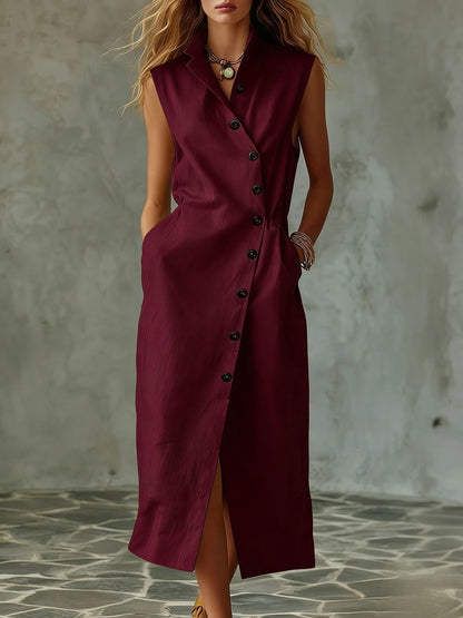 Women's Slim-Fit Sleeveless Stand Collar Pleated Midi Dress FitiqueFit