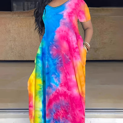 Plus Size Maxi Dress with Pocket, Women's Plus Tie Dye Print Short Sleeve Elegant Medium Stretch Long Dress NovaCart