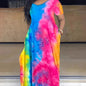 Plus Size Maxi Dress with Pocket, Women's Plus Tie Dye Print Short Sleeve Elegant Medium Stretch Long Dress NovaCart