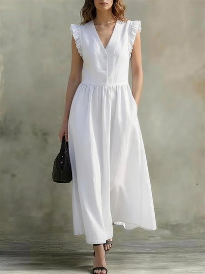 V-Neck Puff-Sleeve Dress with Pockets – Cotton Linen, 7 Colors FitiqueFit