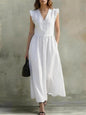 V-Neck Puff-Sleeve Dress with Pockets – Cotton Linen, 7 Colors FitiqueFit