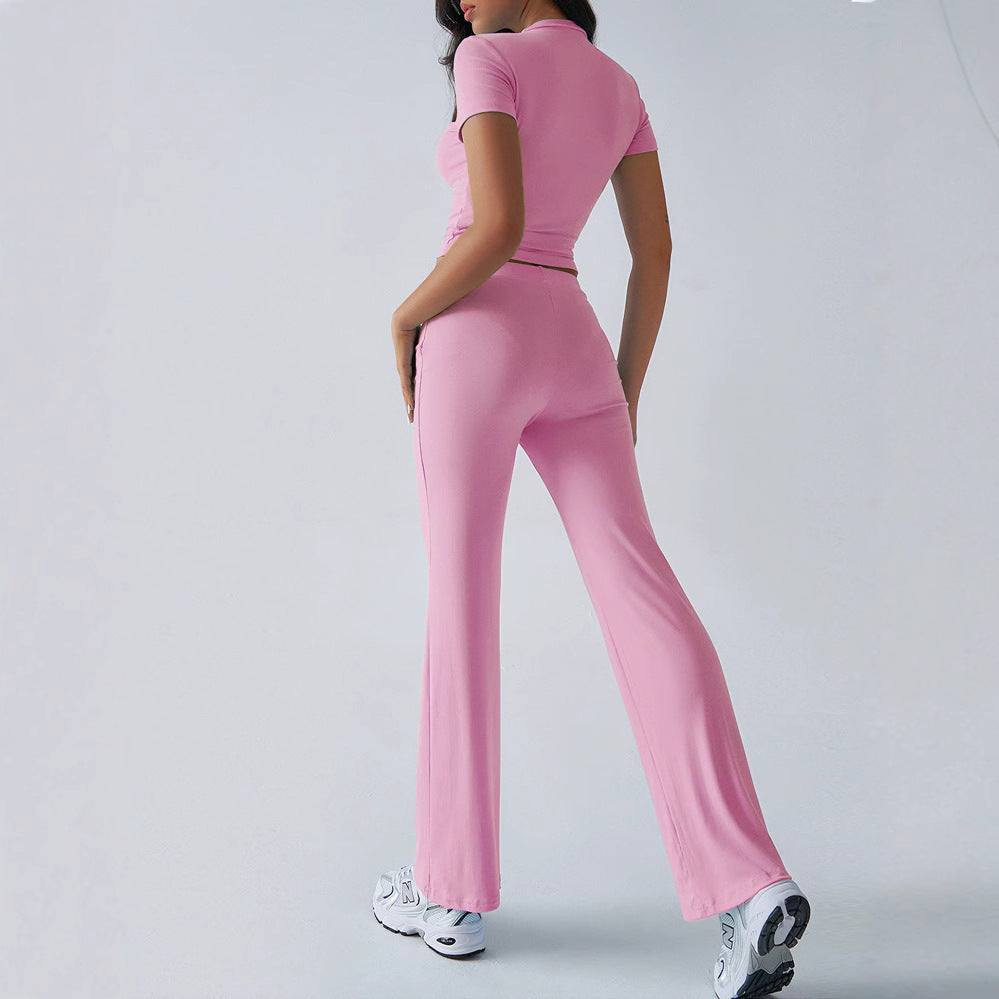 Crew Neck Short Sleeve Top & Full-Length Pants Set – Solid Color, 10 Colors FitiqueFit