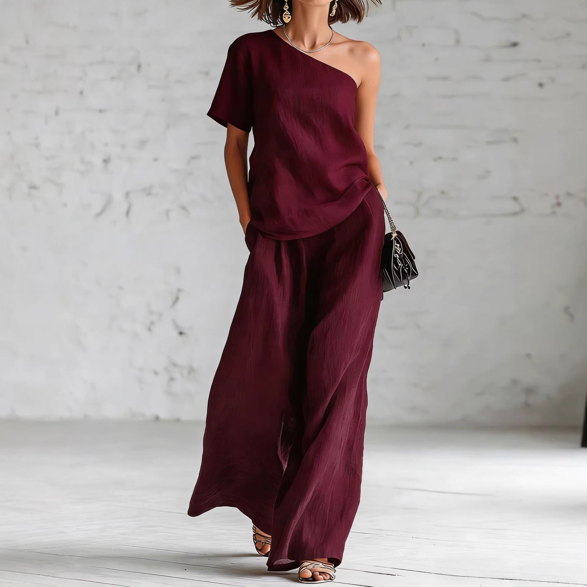 Women's Wide-Leg Pants & Top Set – 2-Piece Three-Quarter Sleeve Outfit FitiqueFit