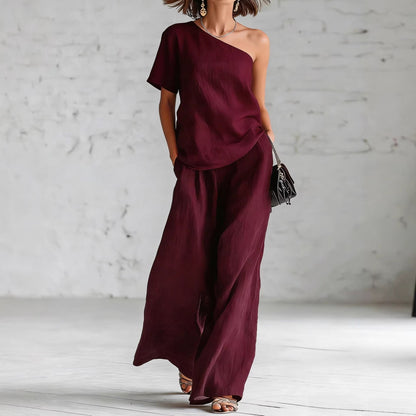 Women's Wide-Leg Pants & Top Set – 2-Piece Three-Quarter Sleeve Outfit FitiqueFit