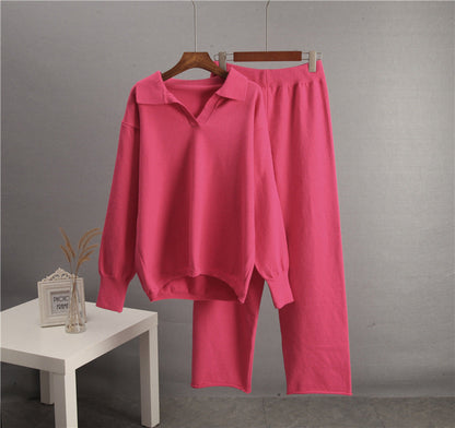 Solid Color Lapel Sweater Set for Women FitiqueFit