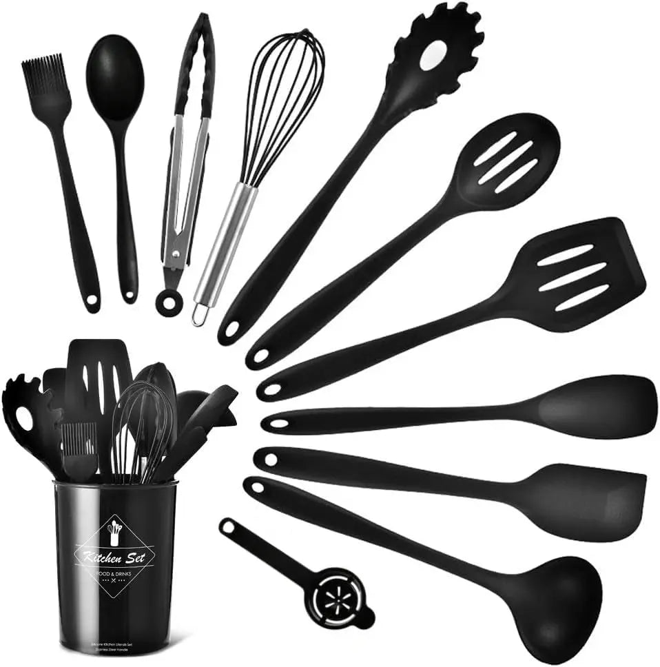 Premium Silicone Kitchen Utensil Set - Heat-Resistant Non-Stick Cooking Tools with Stylish Black Holder