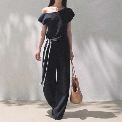 Linen Off-Shoulder Asymmetric Casual Set – 2 Colors, S–L FitiqueFit