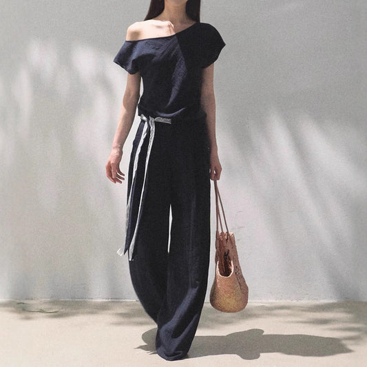 Linen Off-Shoulder Asymmetric Casual Set – 2 Colors, S–L FitiqueFit