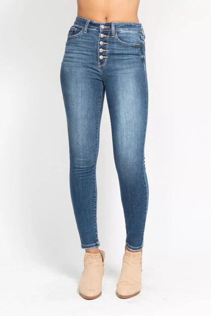 Judy Blue Full Size High Rise Button Fly Skinny Jeans Plus Size Garden Naked Curves