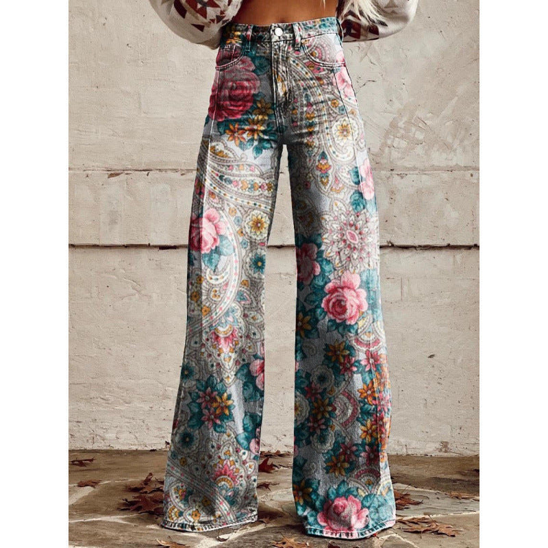 Women's Printed Flare Pants – Mid-Waist Full Length Plus Size FitiqueFit