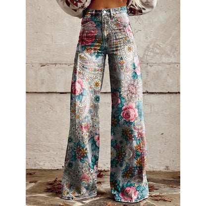 Women's Printed Flare Pants – Mid-Waist Full Length Plus Size FitiqueFit