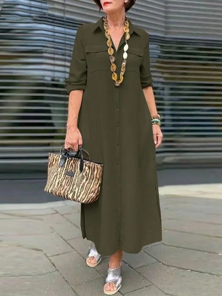 Elegant Solid Color Long Sleeve Button Lapel Dress Grayceful LLC
