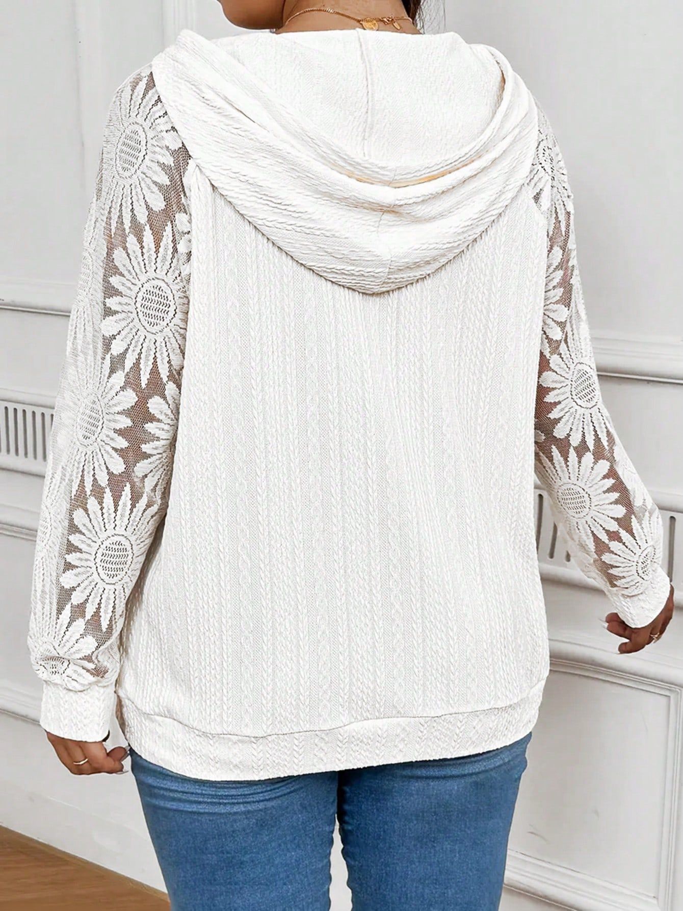 Women's Round-Neck Hollow-Out Lace Paneling Long Sleeve Pullover – White FitiqueFit
