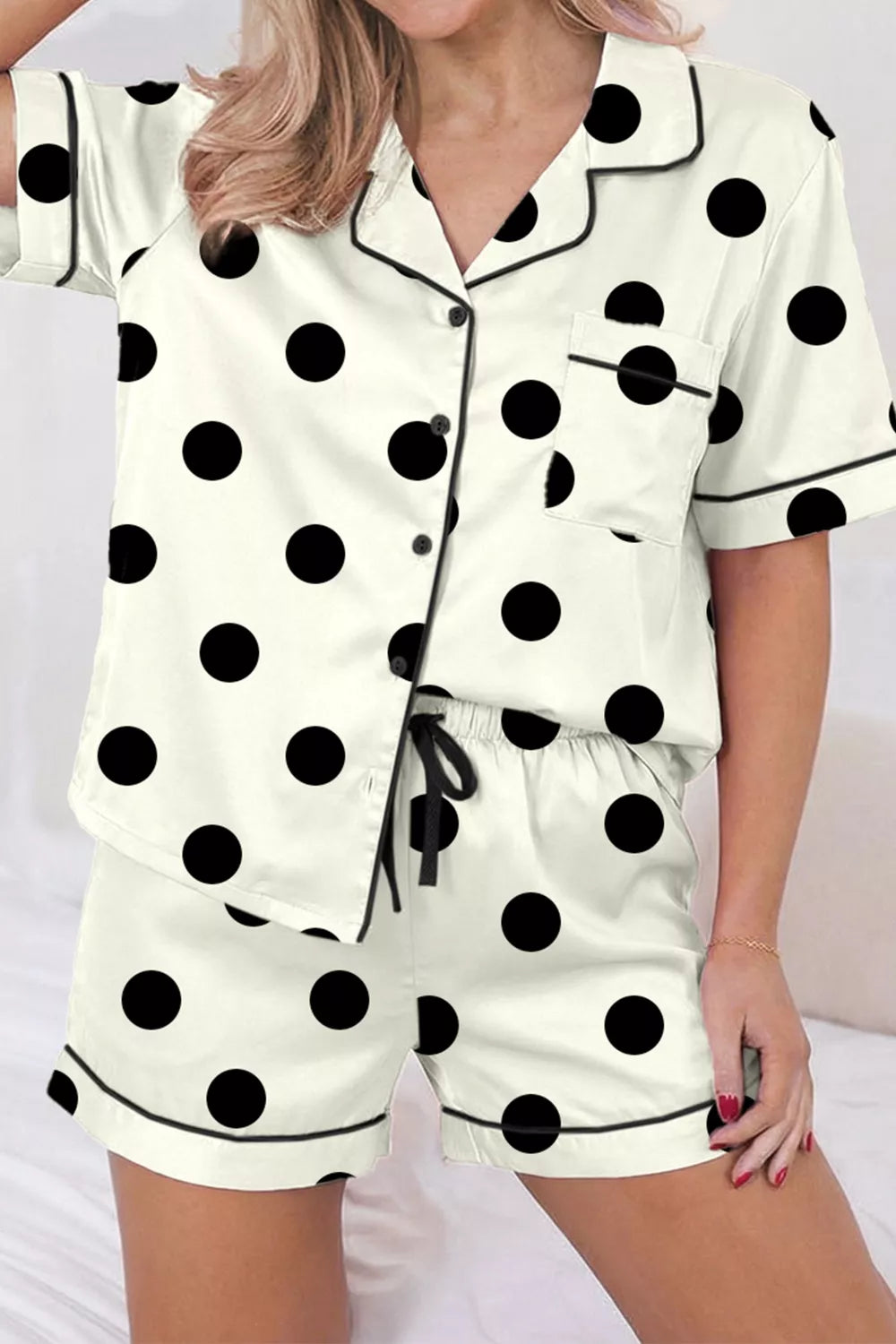 Polka Dot Button Up Top and Shorts Lounge Set New Era Fashion LLc