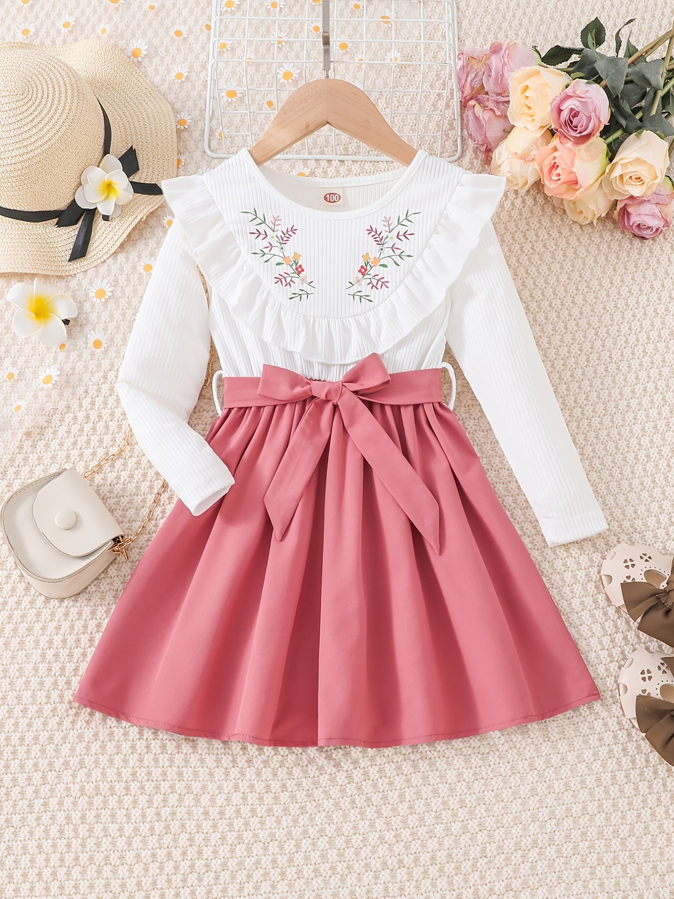 Girls' Elegant Floral Print Long Sleeve Dress with Ruffled Hem & Waist Tie - Knee-Length A-Line Skirt, Round Neck, Non-Stretch Fabric, All-Season Casual to Formal Outfits NovaCart